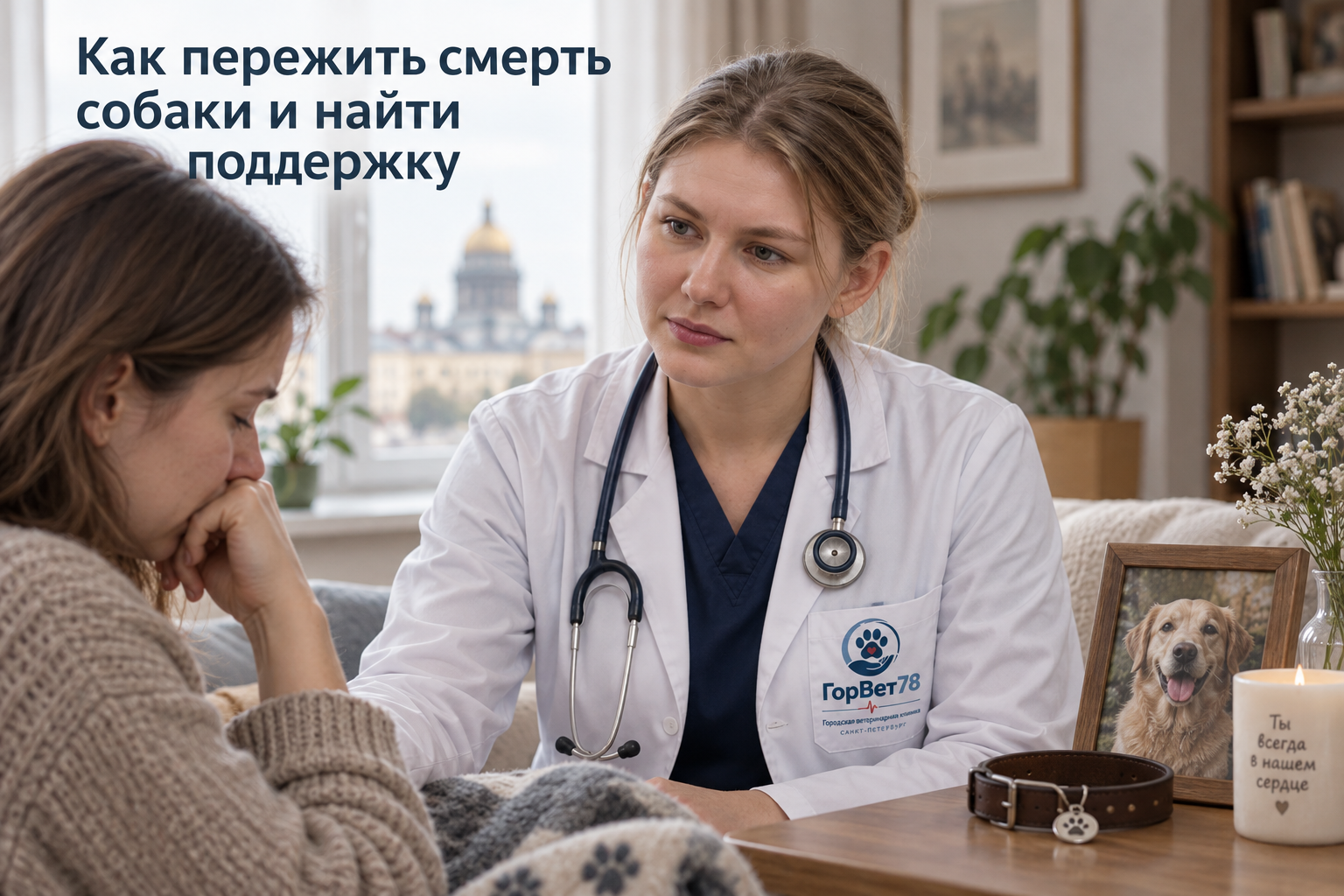 Ветеринар беседует с владелицей; рядом фотография собаки, ошейник и памятная свеча