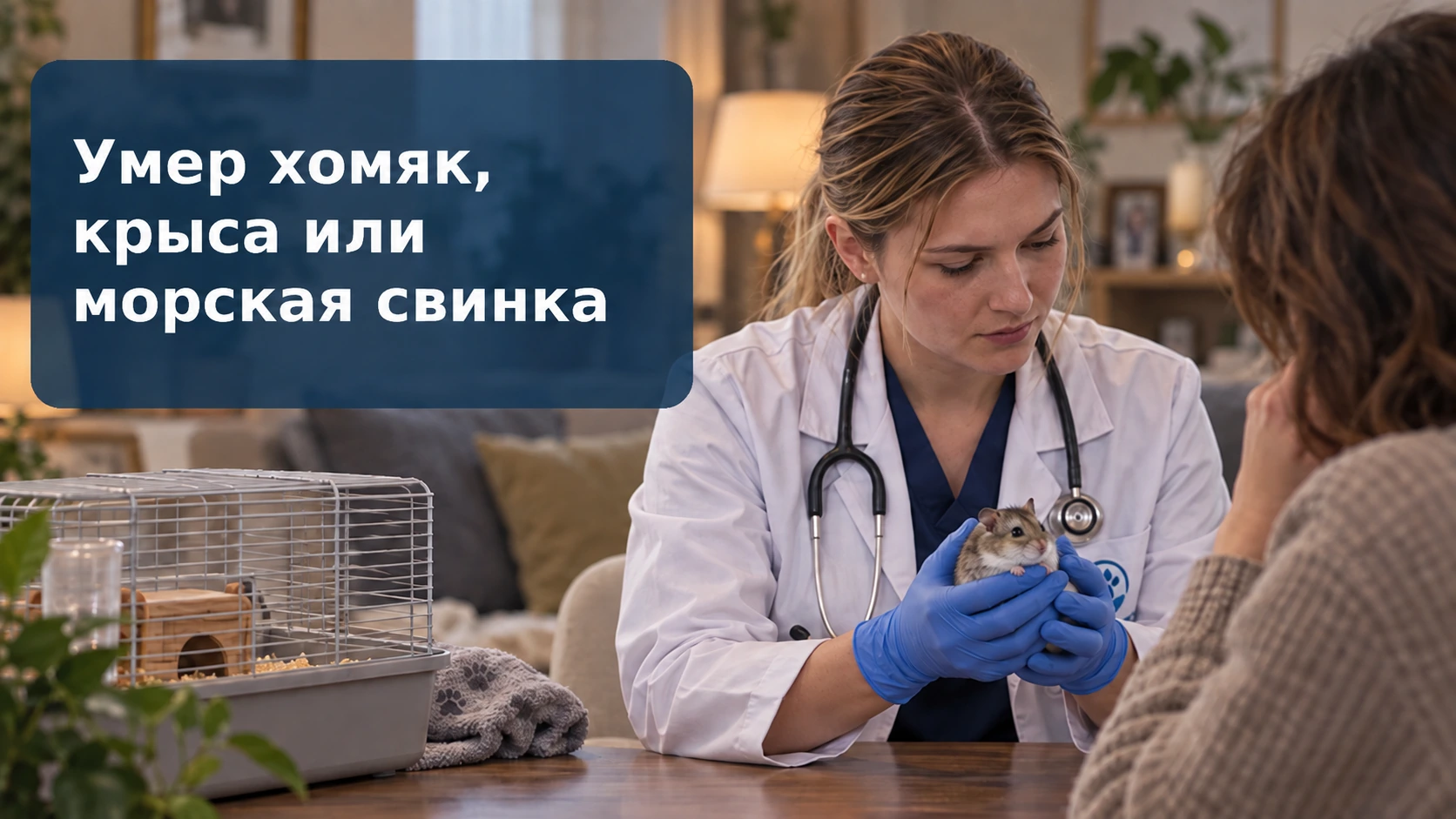 Ветеринар с хомяком беседует с владельцем рядом с клеткой