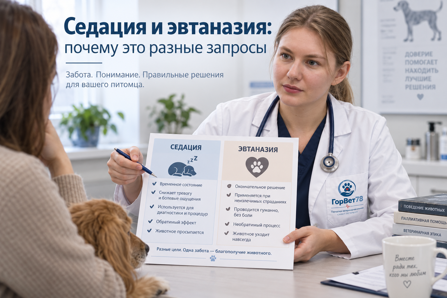 Ветеринар объясняет владельцу собаки различия между седацией и эвтаназией