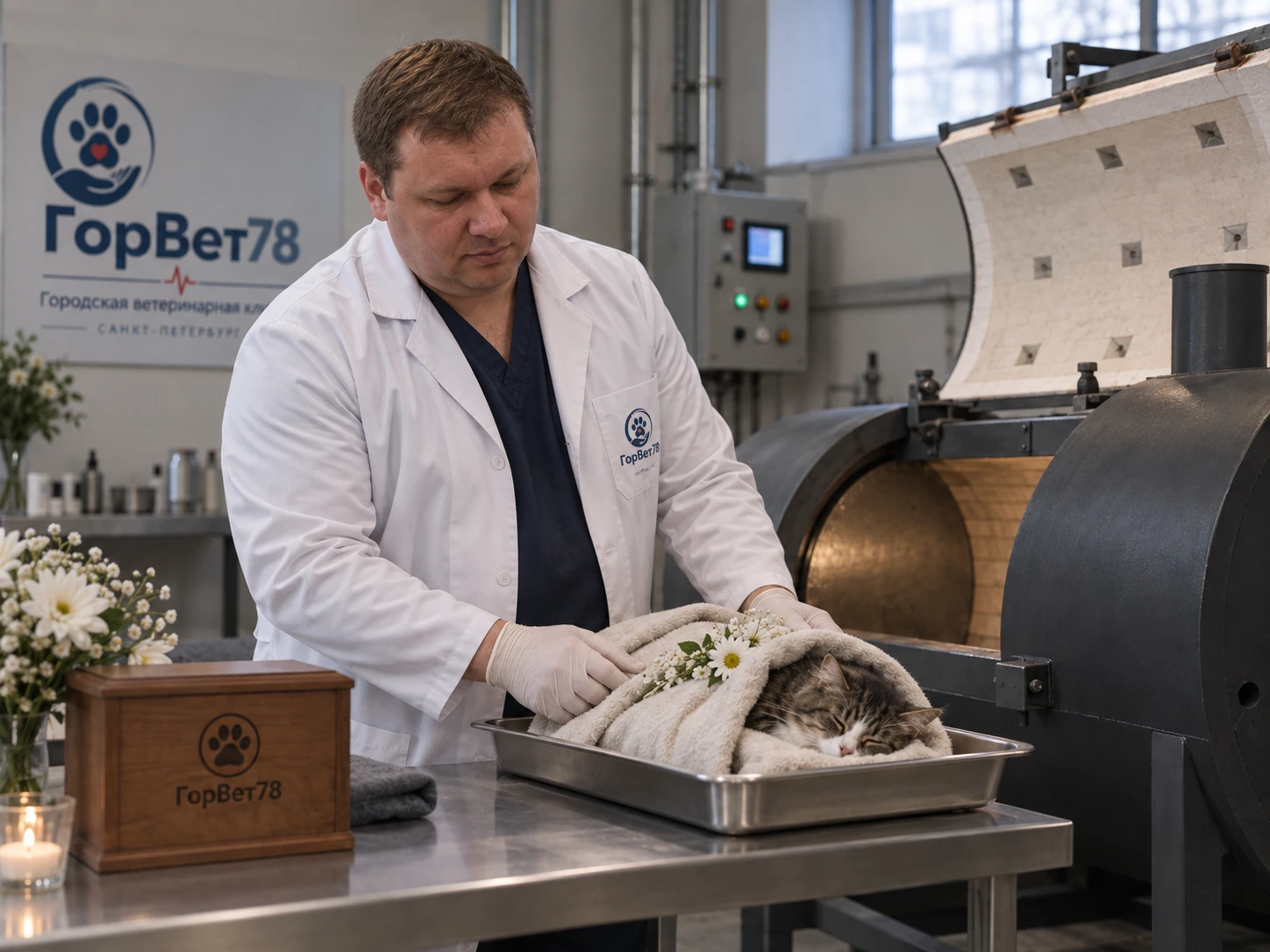 Сотрудник «ГорВет78» рядом с кошкой, укрытой пледом, в помещении крематория