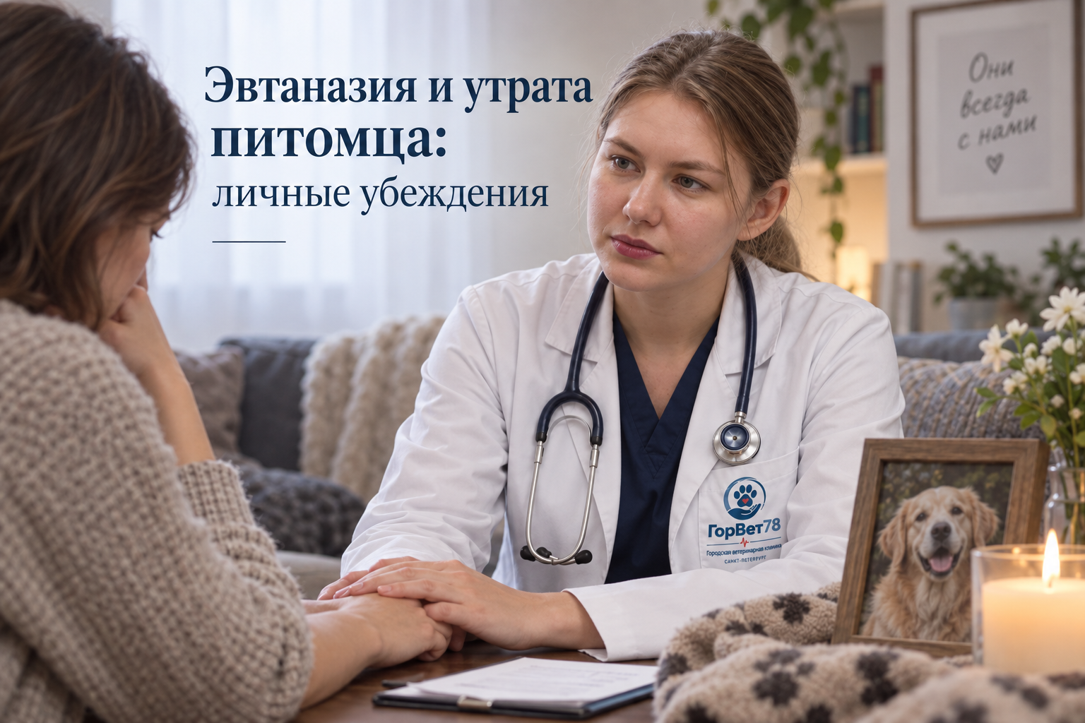 Иллюстрация бережного разговора: ветеринар поддерживает владелицу рядом с фотографией питомца