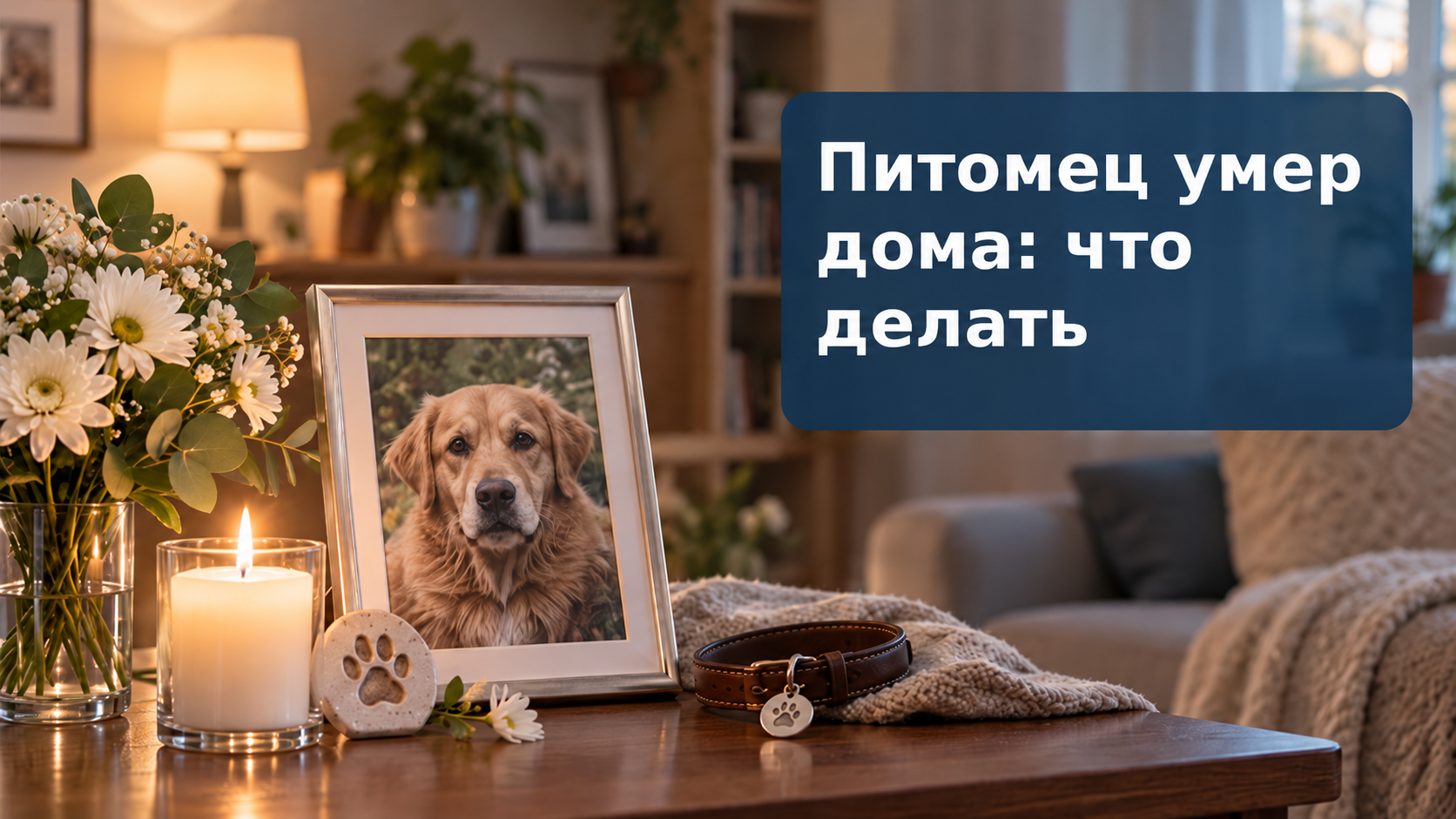 Фотография собаки в рамке, свеча и ошейник; надпись «Питомец умер дома: что делать»