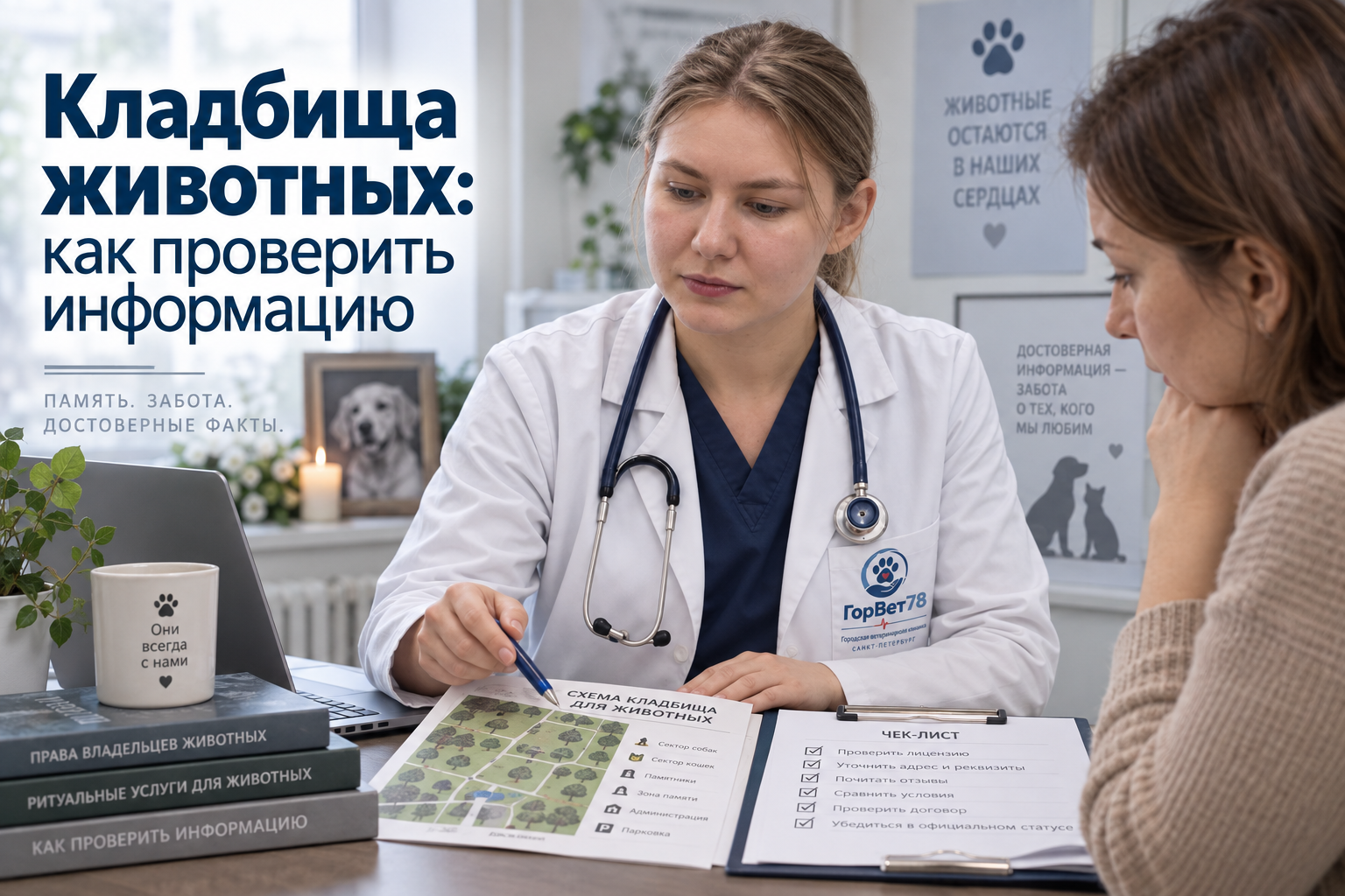 Иллюстрация к статье: ветеринар и владелец обсуждают проверку сведений о памятном месте для питомца