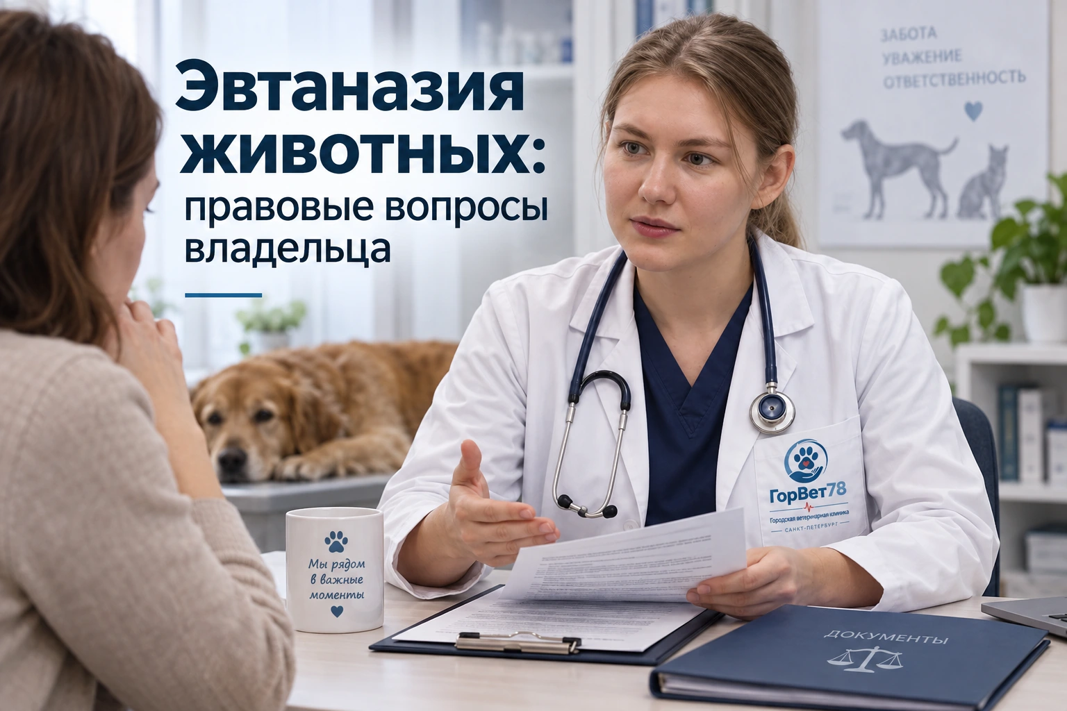 Ветеринар обсуждает документы с владельцем питомца; на фотографии заголовок о правовых вопросах эвтаназии