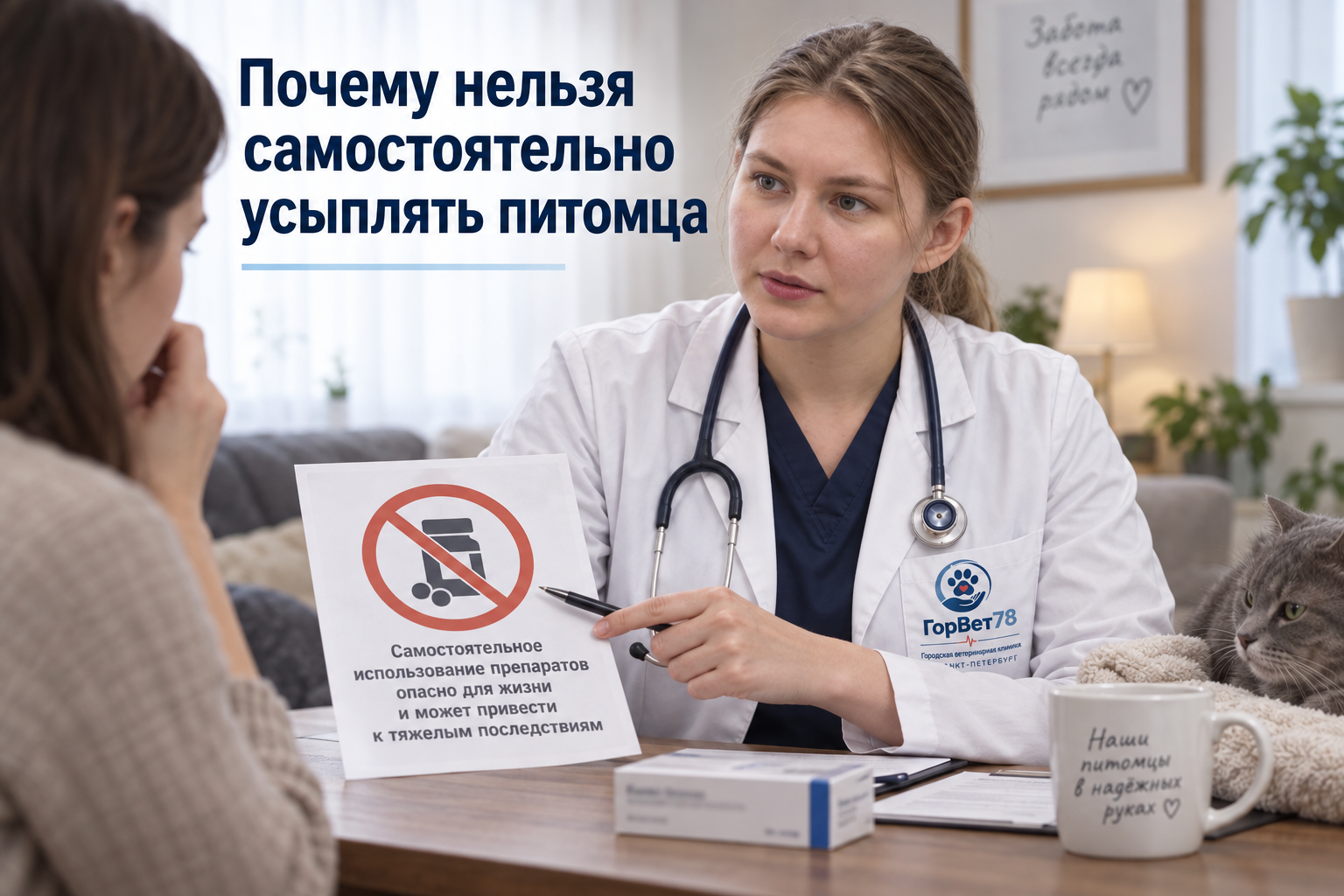 Ветеринар объясняет владельцу опасность самостоятельного применения препаратов; рядом отдыхает кошка