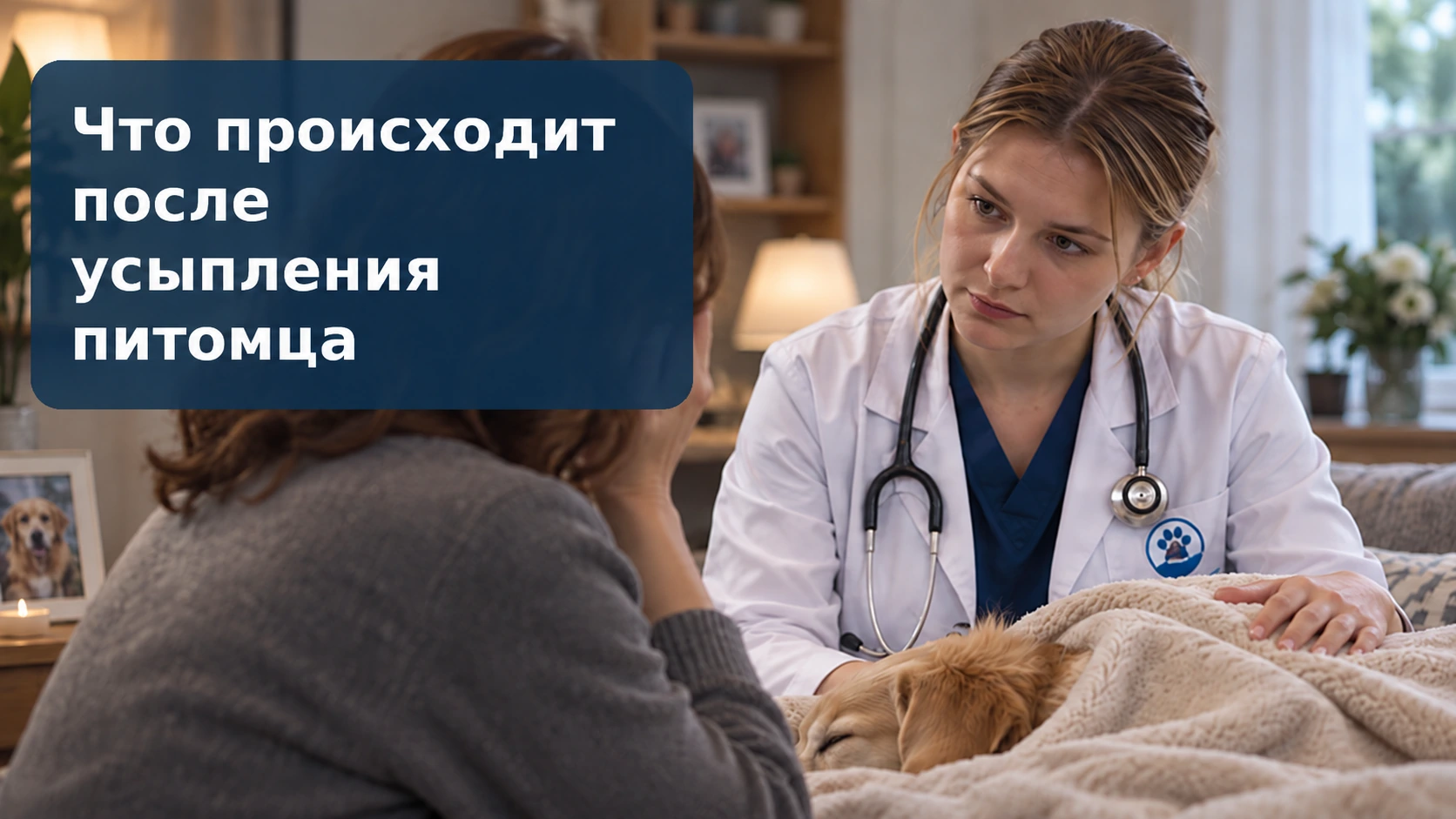 Ветеринар поддерживает владелицу рядом с собакой, укрытой пледом; иллюстрация к статье о действиях после усыпления питомца