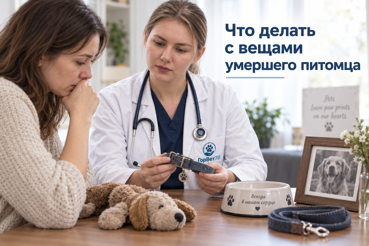 Владелица и ветеринар рассматривают ошейник; рядом лежат игрушка и поводок, стоят миска и фотография питомца
