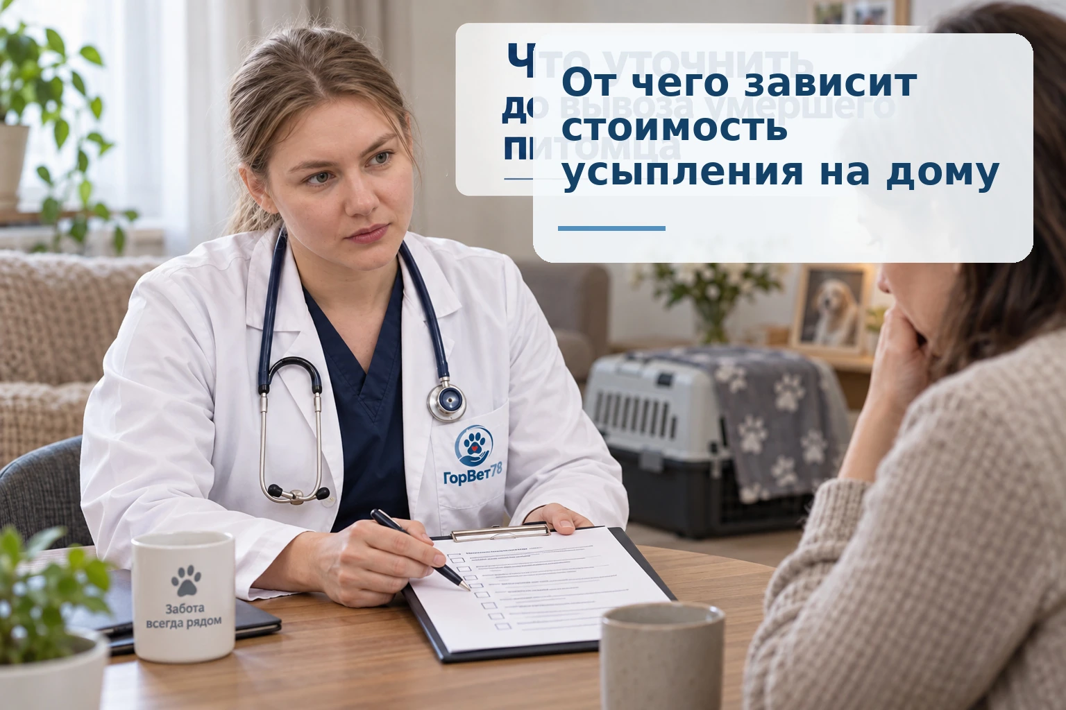 Ветеринар обсуждает с владельцем состав помощи и вопросы о стоимости домашнего визита