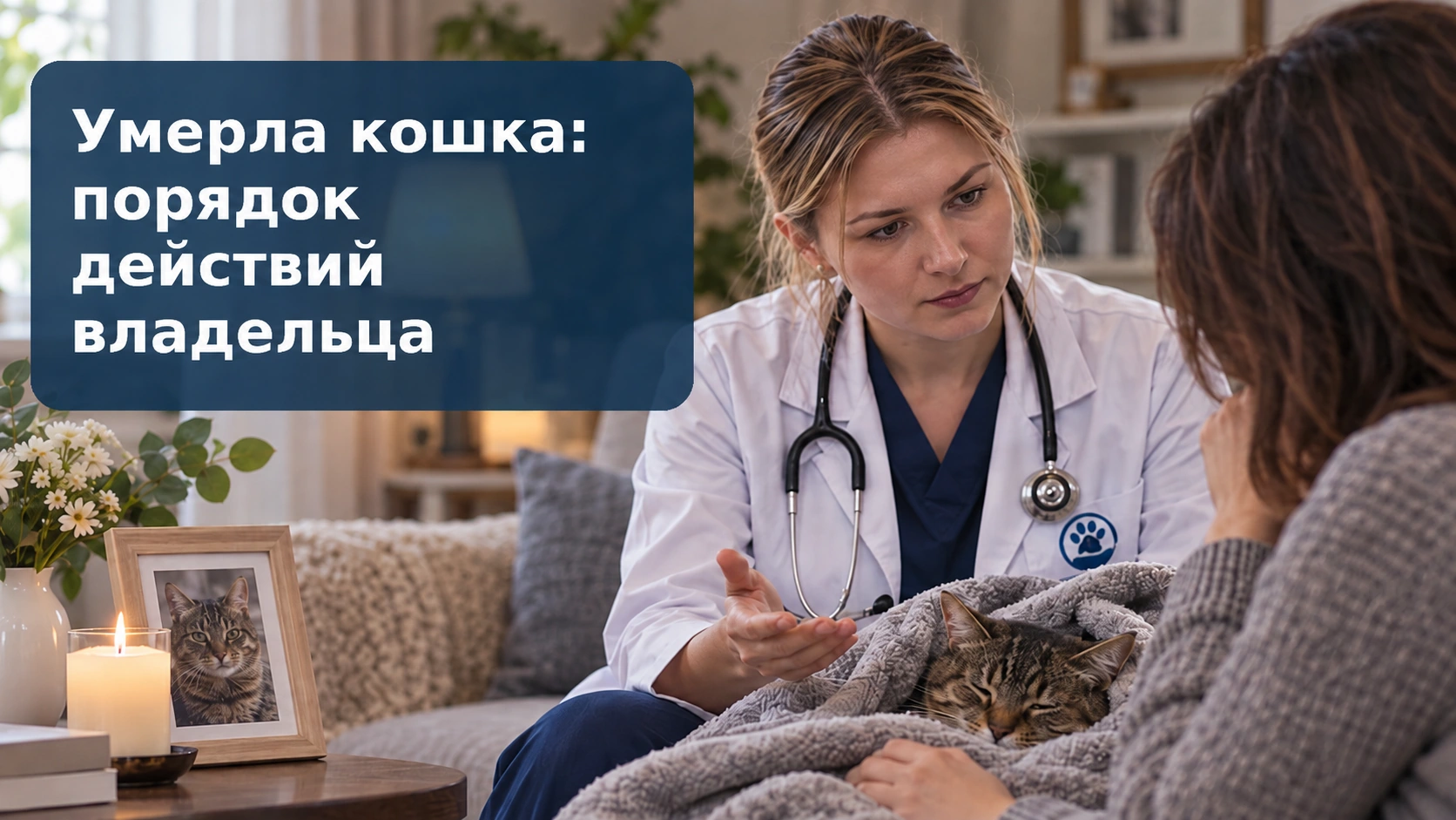 Иллюстрация к статье «Умерла кошка: порядок действий владельца»: ветеринар беседует с хозяйкой, рядом кошка в пледе