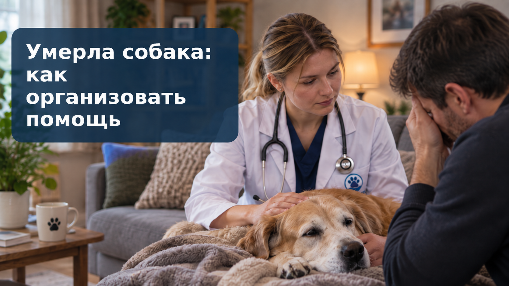 Ветеринар беседует с владельцем рядом с собакой; на фотографии заголовок «Умерла собака: как организовать помощь»