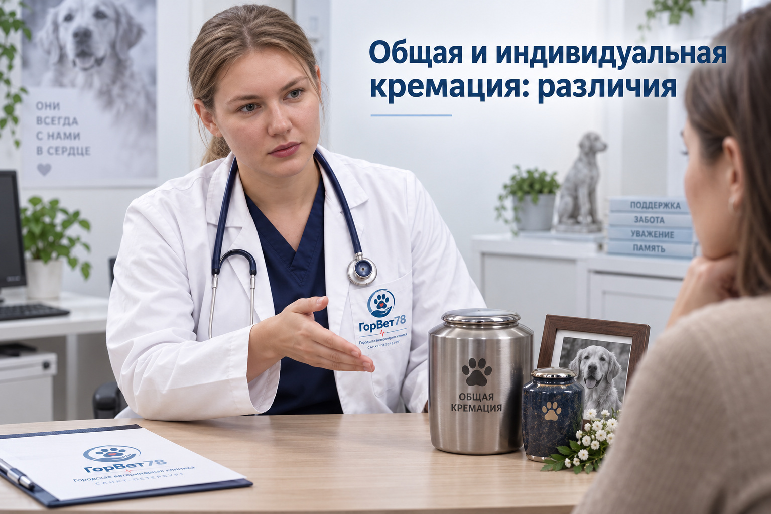 Иллюстрация консультации о форматах кремации: ветеринар, владелец и образцы урн