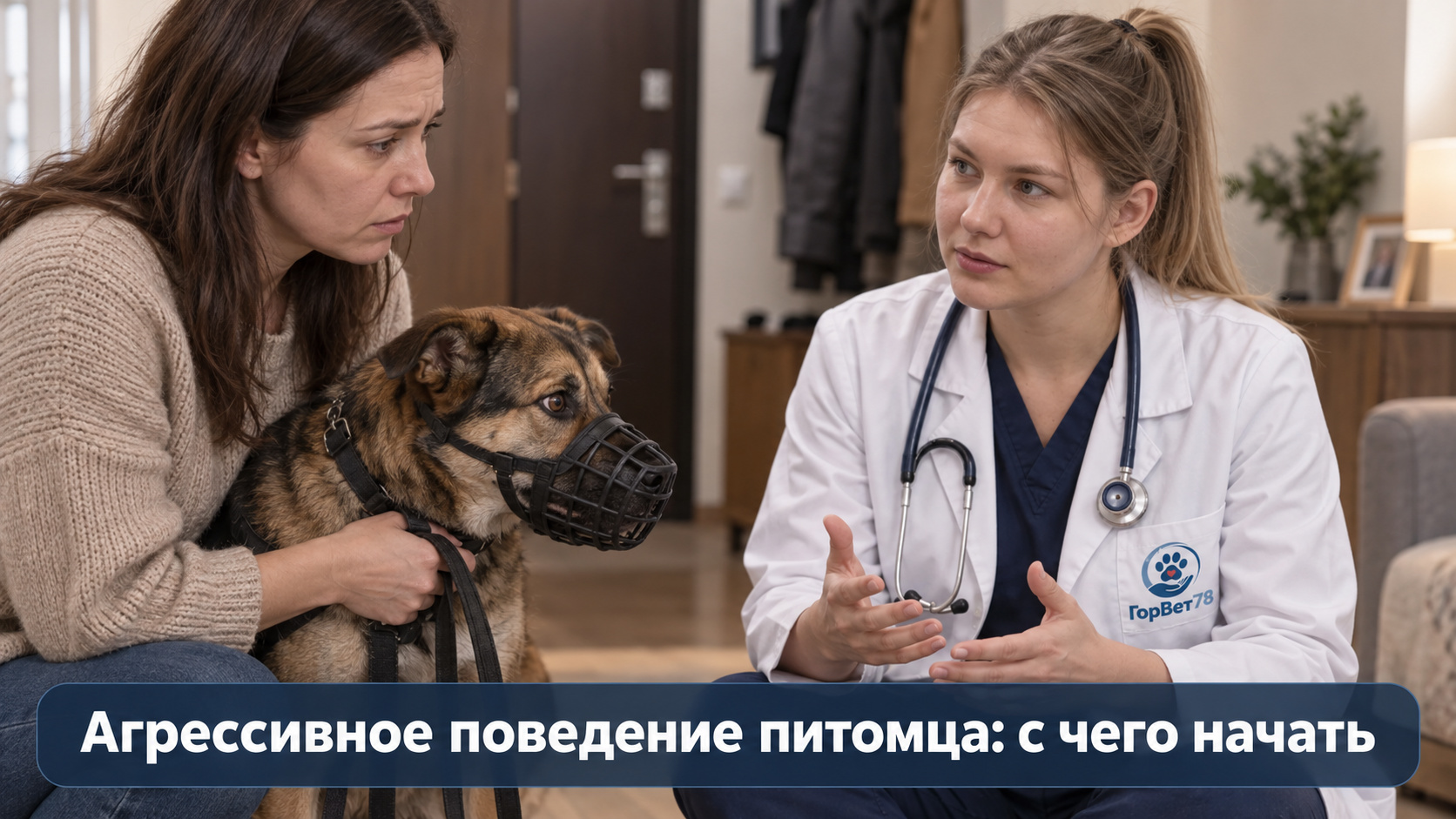 Владелица с собакой в корзинчатом наморднике разговаривает с ветеринаром дома