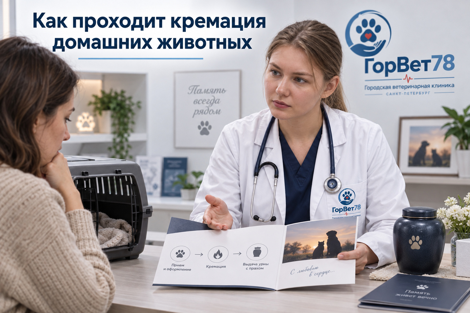 Специалист объясняет владельцу этапы кремации питомца: приём, процедура и передача урны с прахом