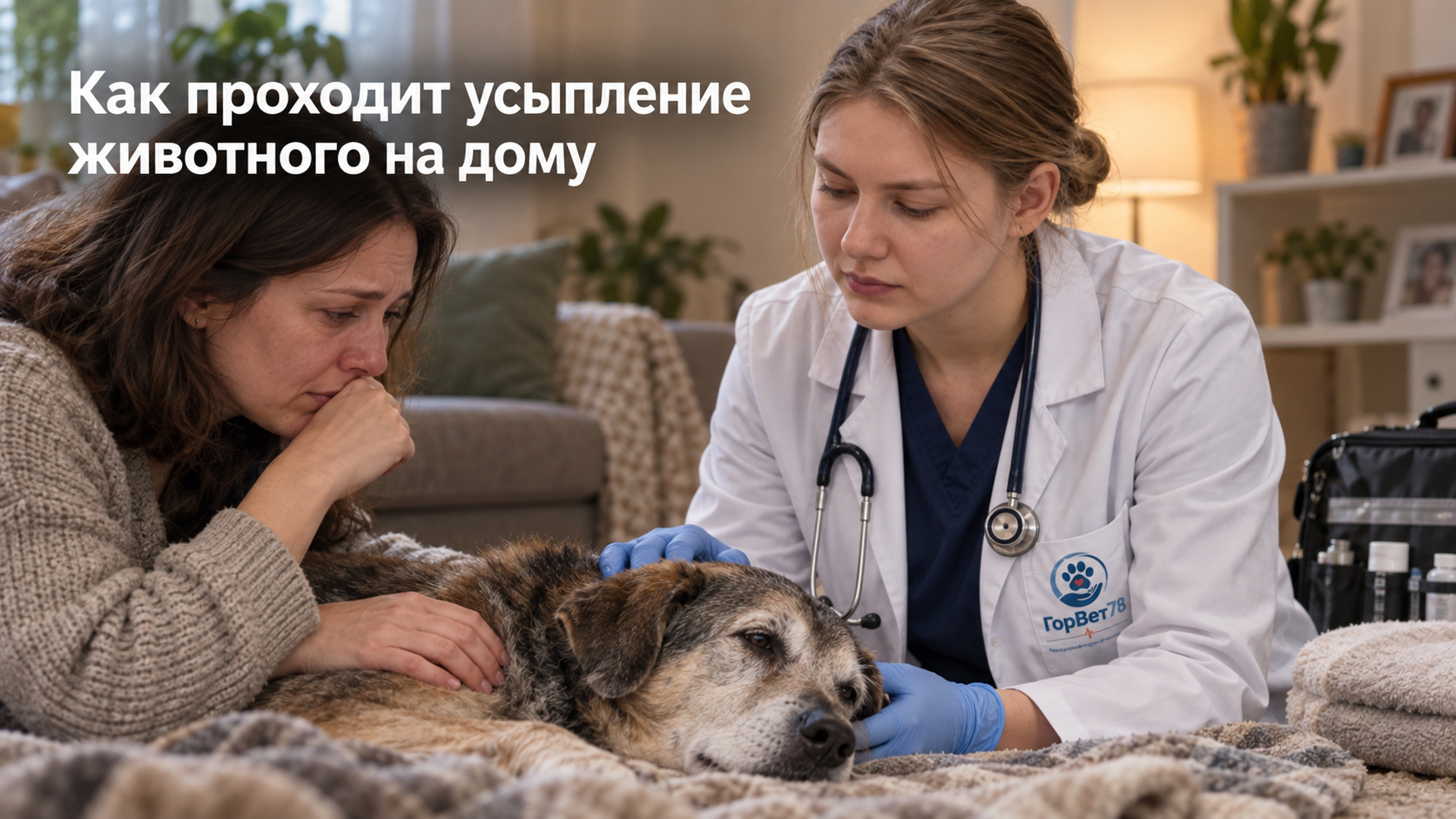 Ветеринар и владелица рядом с пожилой собакой на домашней лежанке