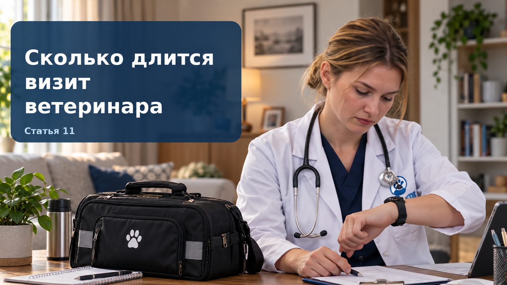 Иллюстрация к статье «Сколько длится визит ветеринара»: специалист смотрит на наручные часы