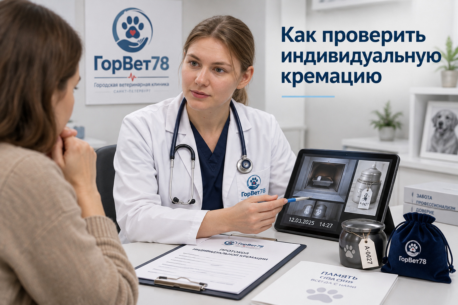 Специалист объясняет владельцу, как сопоставить отчёт, документы и маркировку урны при индивидуальной кремации