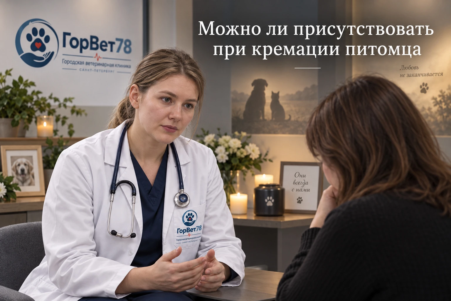 Иллюстрация к статье о присутствии при кремации: ветеринар разговаривает с владельцем питомца