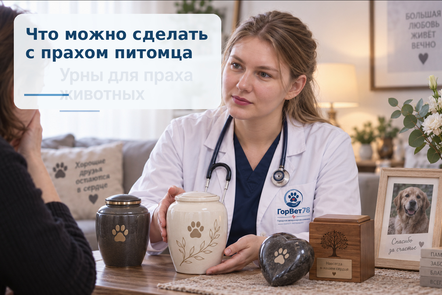 Иллюстрация обсуждения памятных урн: несколько форм урн и фотография собаки на столе