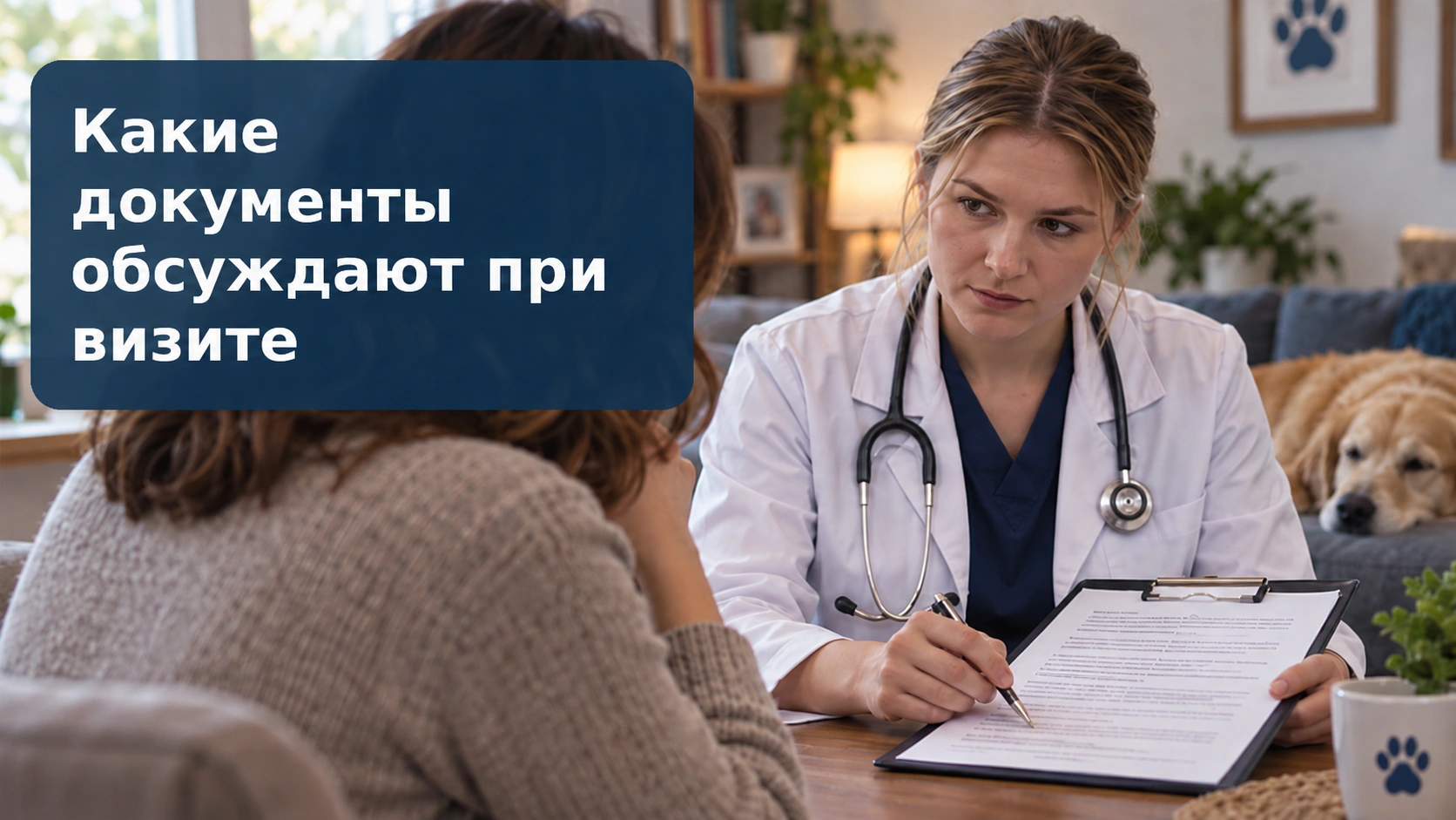 Ветеринар обсуждает документы с владельцем собаки во время домашнего визита
