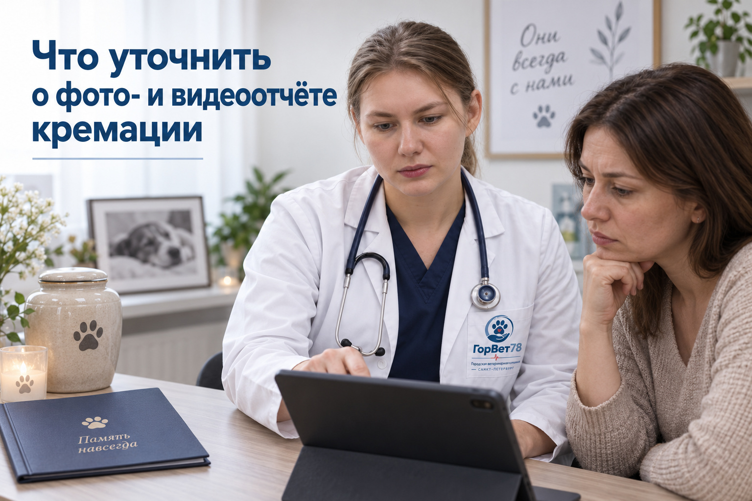 Иллюстрация к статье: ветеринар и владелица обсуждают материалы на планшете, рядом памятная урна