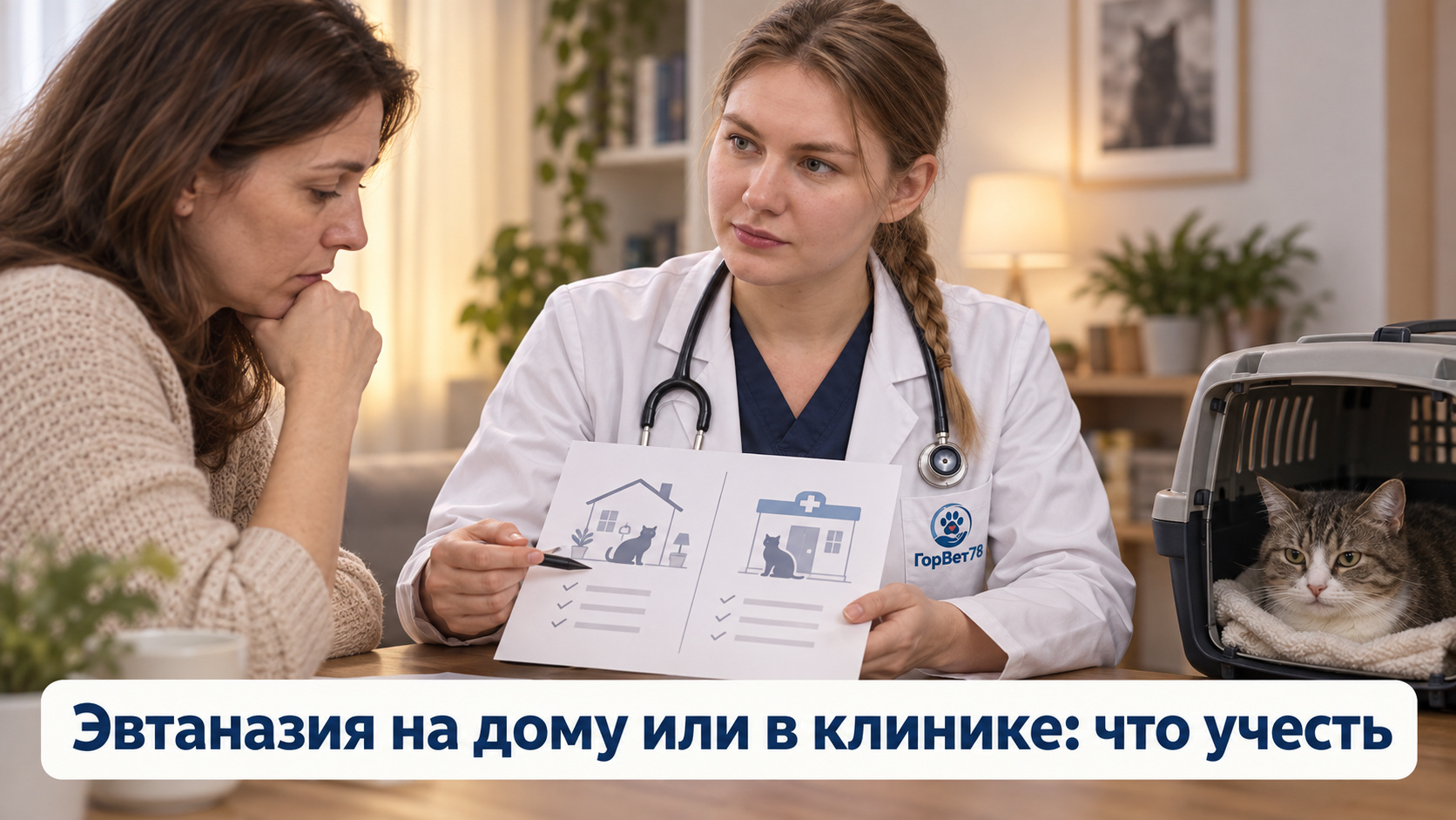 Ветеринар обсуждает с владелицей варианты помощи дома и в клинике; рядом кошка в переноске